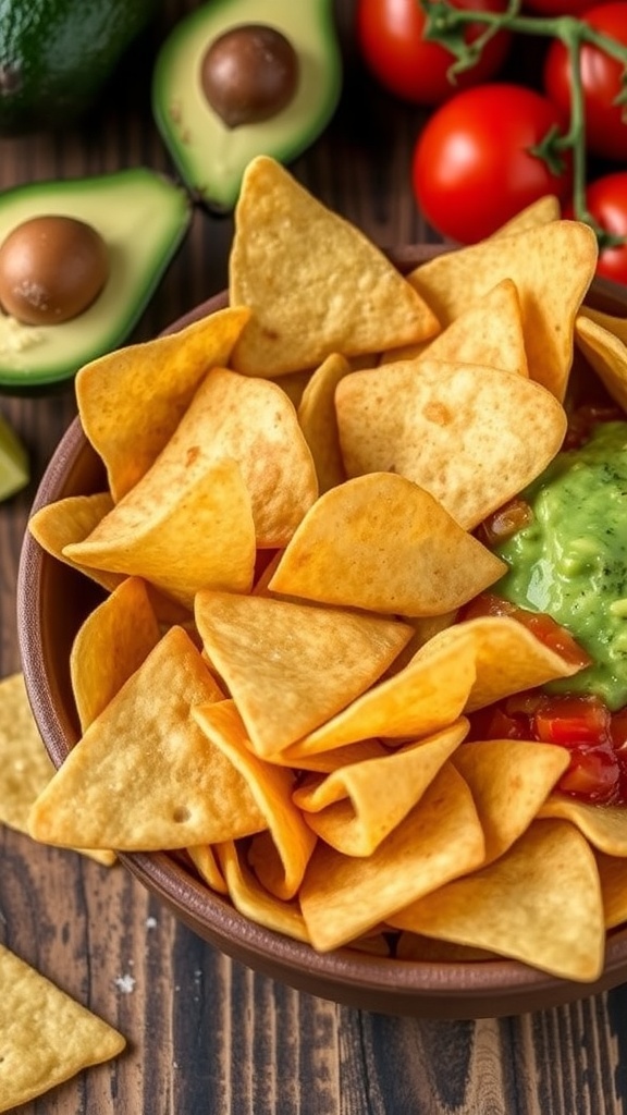 Crispy homemade tortilla chips with salsa and guacamole on a wooden table.